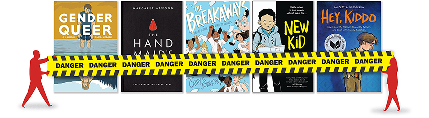 Illustration of people holding police tape in front of five book covers