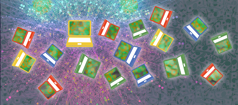 graphic of laptops, tech, and funding
