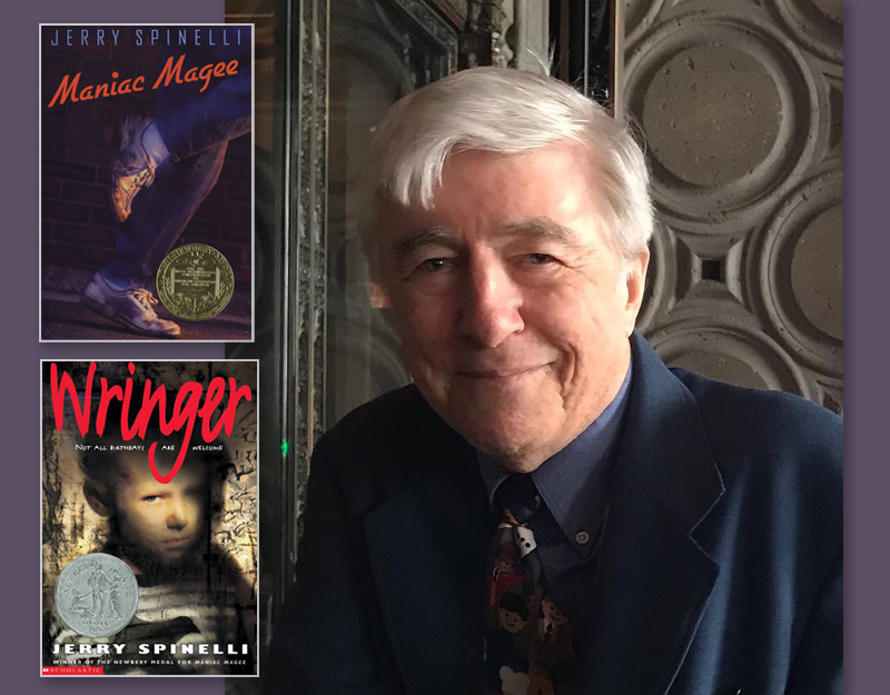 Jerry Spinelli portrait and covers of Maniac Magee and Wringer.