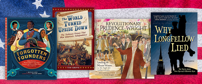 The four covers juxtaposed against a colonial American flag.