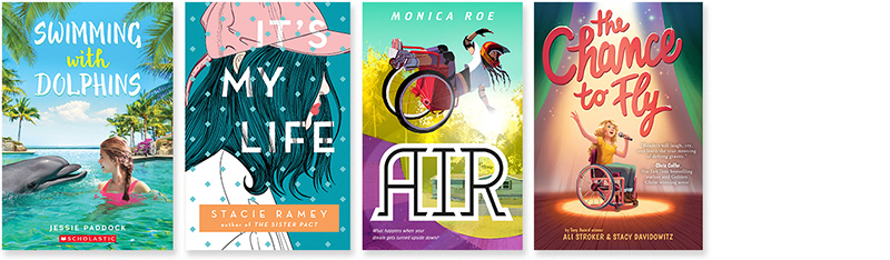 Image of  four book covers: Swimming with Dolphins; It's My Life; Air; and The Chance to Fly