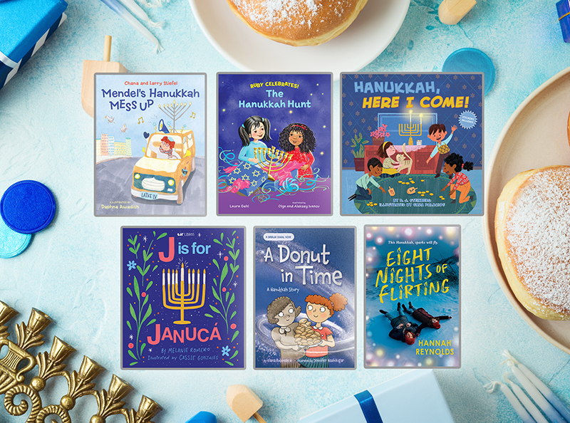 Hanukkah books against a festive tabletop Hanukkah background