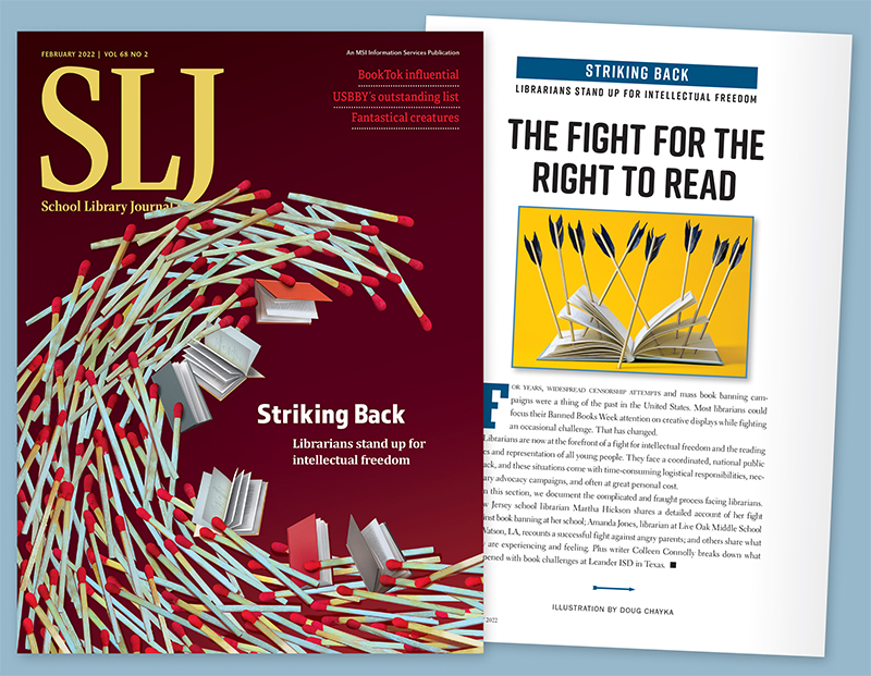 Image showing SLJ's Feb 2022 cover and the opener page from our censorship coverage.