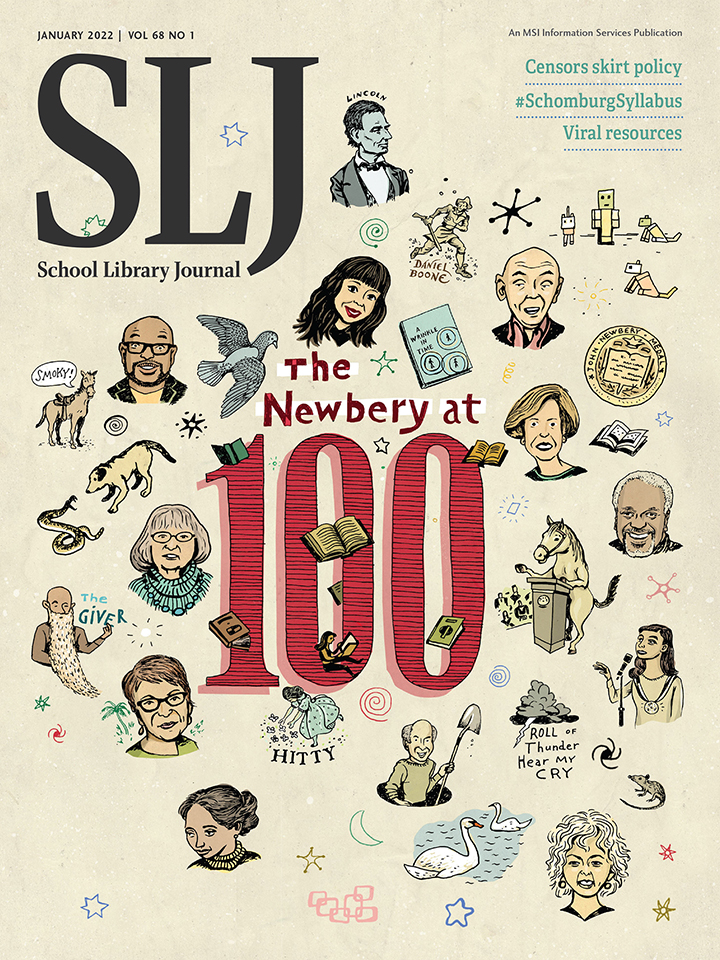 SLJ January Cover, Newbery at 100, illustration by John S. Dykes