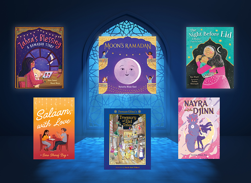 Ramadan and Eid book covers set against a glowing stained glass mosque window background