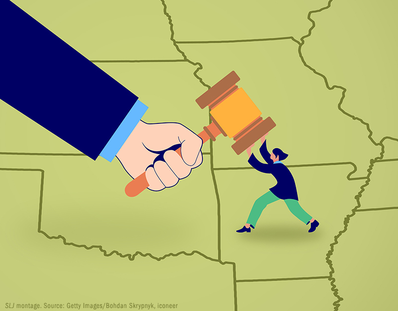 Illustration of a librarian standing on a map (over Arkansas) pushing back at gavel coming down on them.