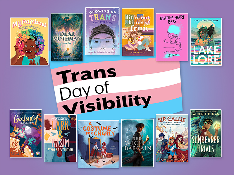 Trans Day of Visibility. Image of transgender flag and covers of all twelve books.