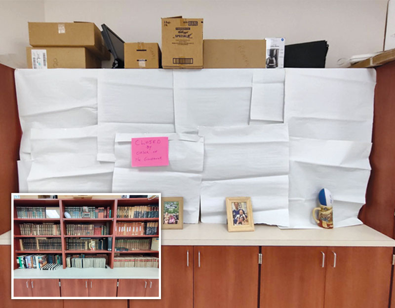 Don Falls’s classroom library before and after the order to hide the books. Photos courtesy of Don Falls Dominguez