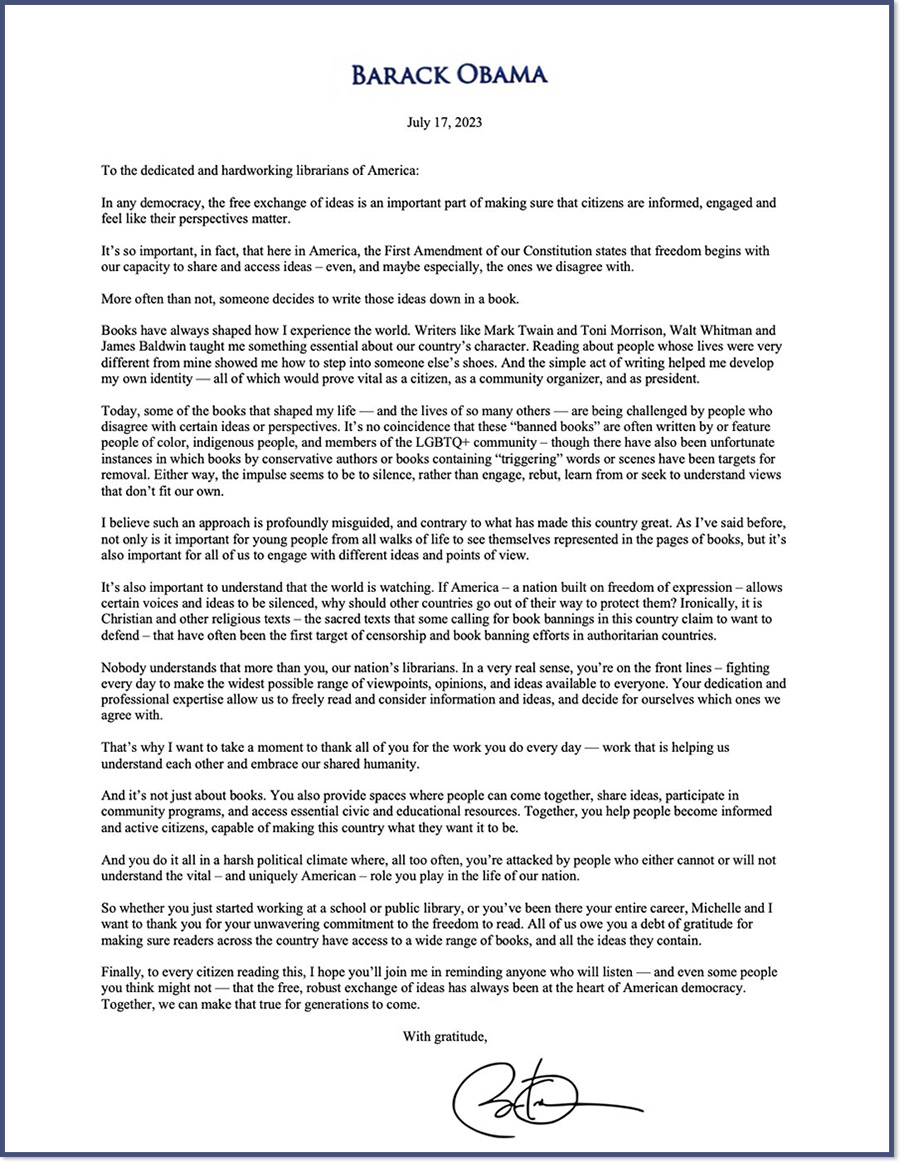 Screenshot of Barack Obama's letter that was posted on Twitter and Instagram.