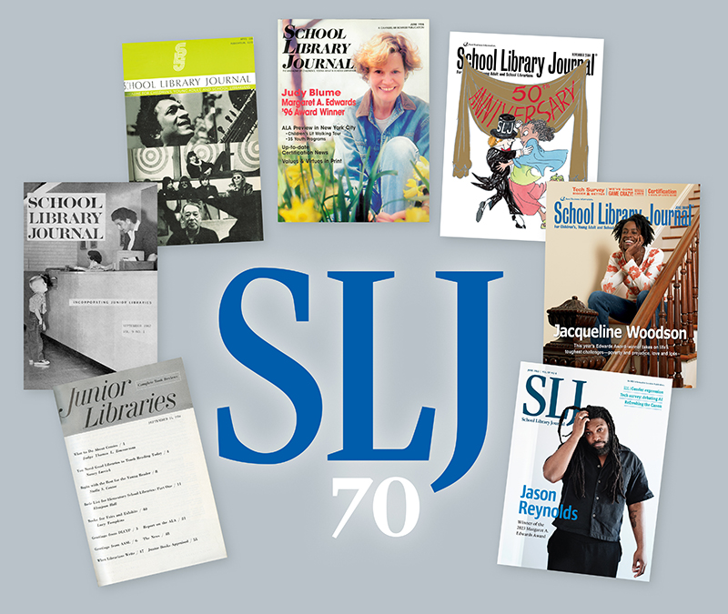 SLJ 70th logo with an array of legacy SLJ covers