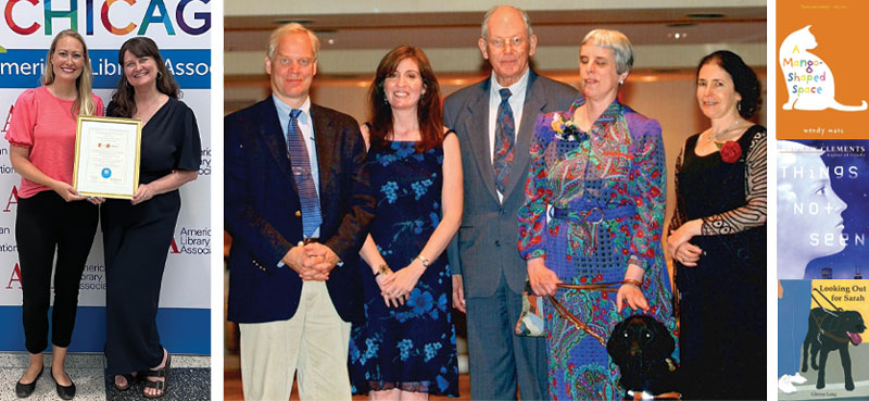 two groups of people stand with an awards plaque and a Seeing Eye dog, three covers of books called a mango shaped space, things not seen, and looking out for sarah