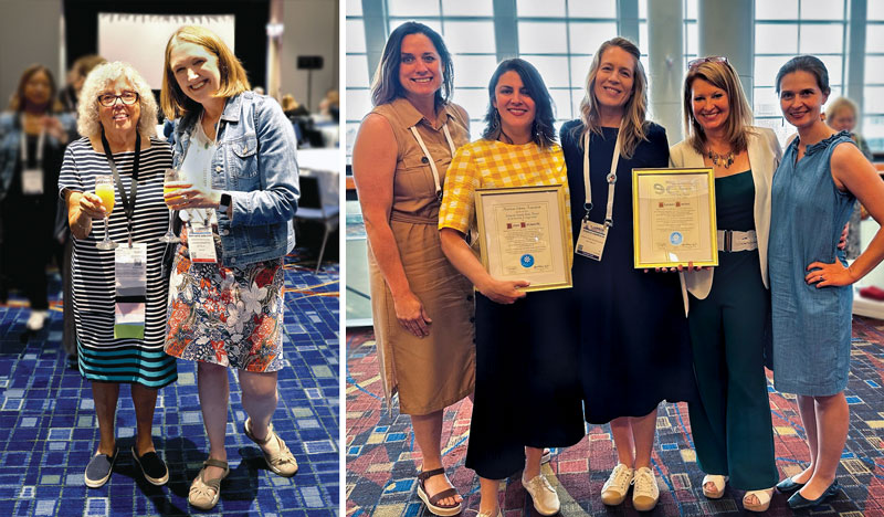 two groups of women standing together and holding schneider family book award plaques