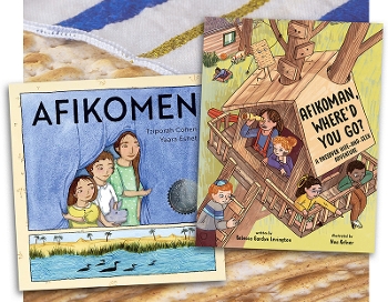 Image of the two book titles on a background of a Passover afikomen