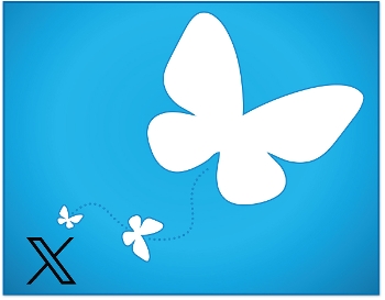 Bluesky butterfly (logo) flitting around a small X logo