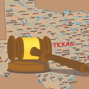 Illustration of gavel superimposed on a map of Texas