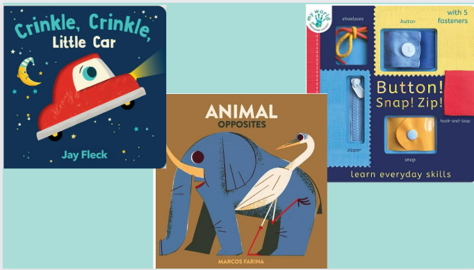 Three book covers, of cars in space, a big elephant and one with buttons and zippers