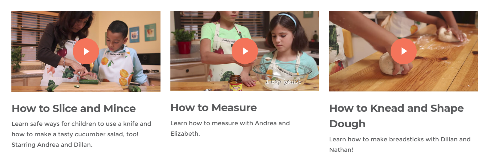 screenshot of three cooking videos from the Cooking with Kids site