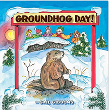 A groundhog popping up its head on a snowy landscape, a book cover with large typeface saying