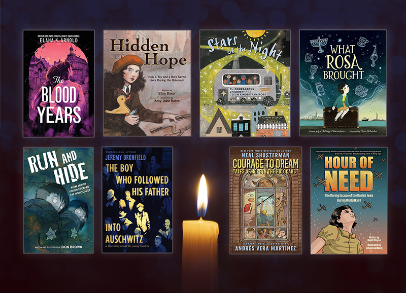 The eight book covers from this Holocaust Remembrance booklist set against a dark but hopeful candlelit background.